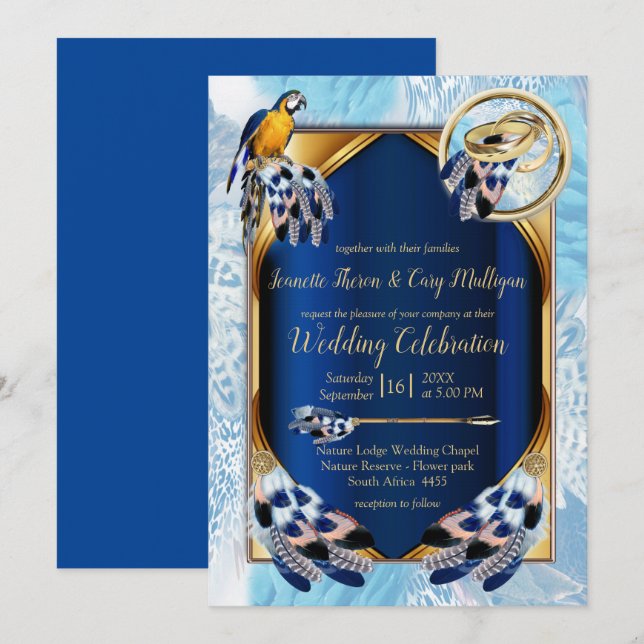 Exotic-Parrot Blue tone feathers Wedding Invitation (Front/Back)