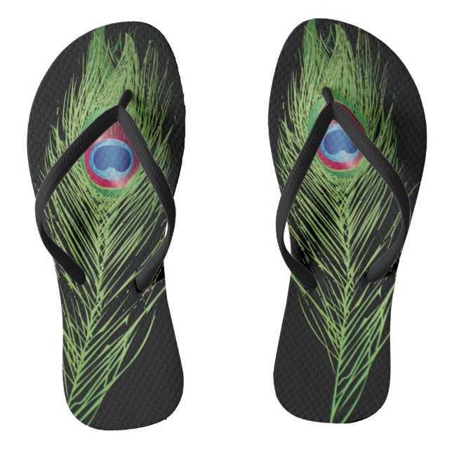 Exotic Peacock Feather on Black  Flip Flops (Footbed)