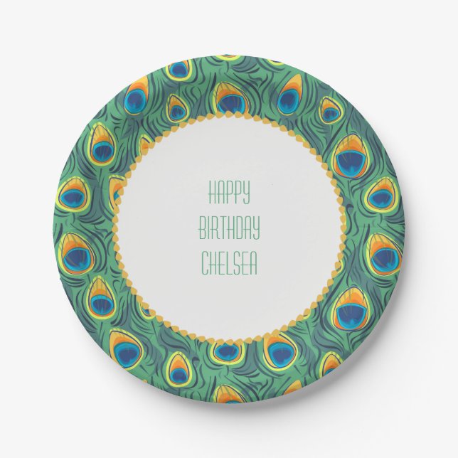 Exotic Peacock Feather Pattern Jewel Green Paper Plate (Front)