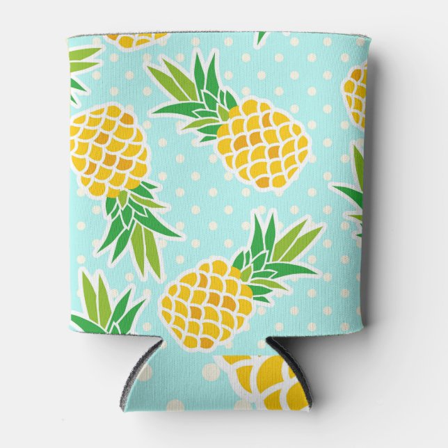 Exotic Pineapples: Blue Polka-Dot Fun. Can Cooler (Front)