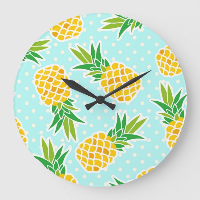 Exotic Pineapples: Blue Polka-Dot Fun. Large Clock (Front)