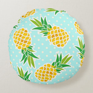 Exotic Pineapples: Blue Polka-Dot Fun. Round Cushion