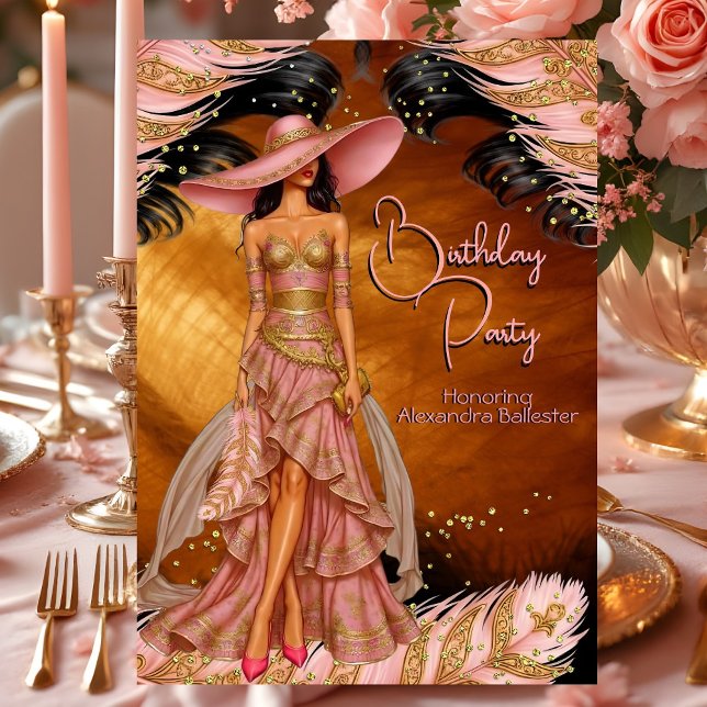 Exotic Pink Dress Gold Black Birthday Party Invitation (Creator Uploaded)