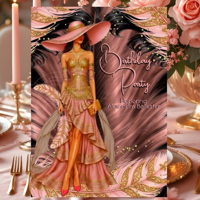Exotic Pink Dress Gold Black Feather Birthday Invitation (Creator Uploaded)