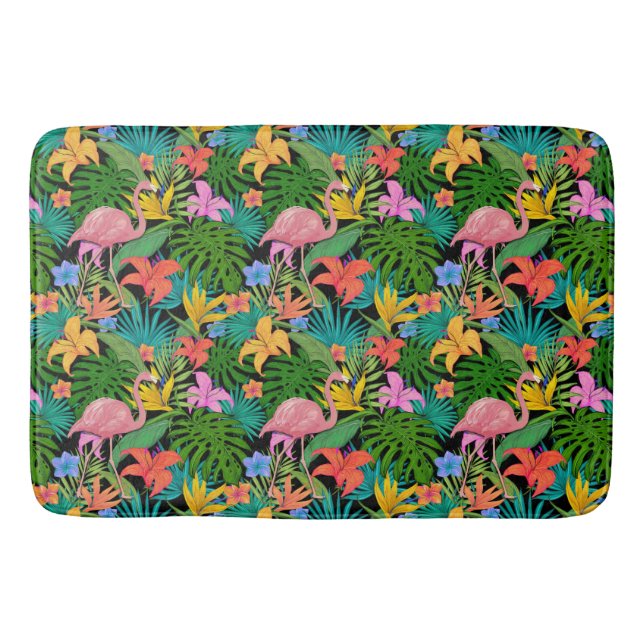 Exotic Pink Flamingo Tropical Flowers Foliage Bath Mat (Front)