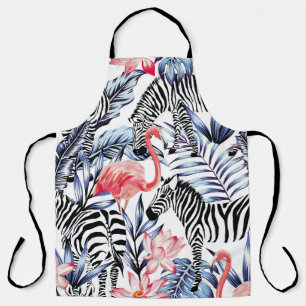 Exotic pink flamingo, zebra on background summer b apron
