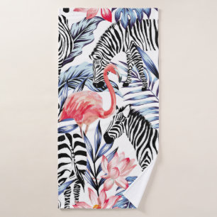 Exotic pink flamingo, zebra on background summer b bath towel