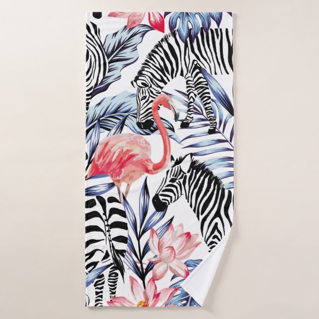 Exotic pink flamingo, zebra on background summer b bath towel (Bath Towel)