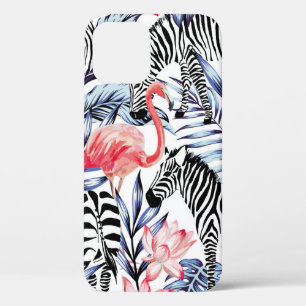 Exotic pink flamingo, zebra on background summer b iPhone 12 case