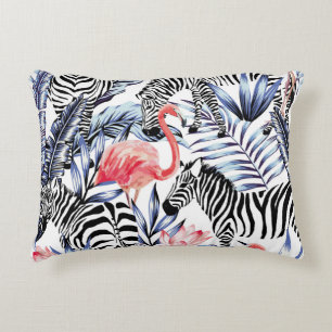 Exotic pink flamingo, zebra on background summer b decorative cushion