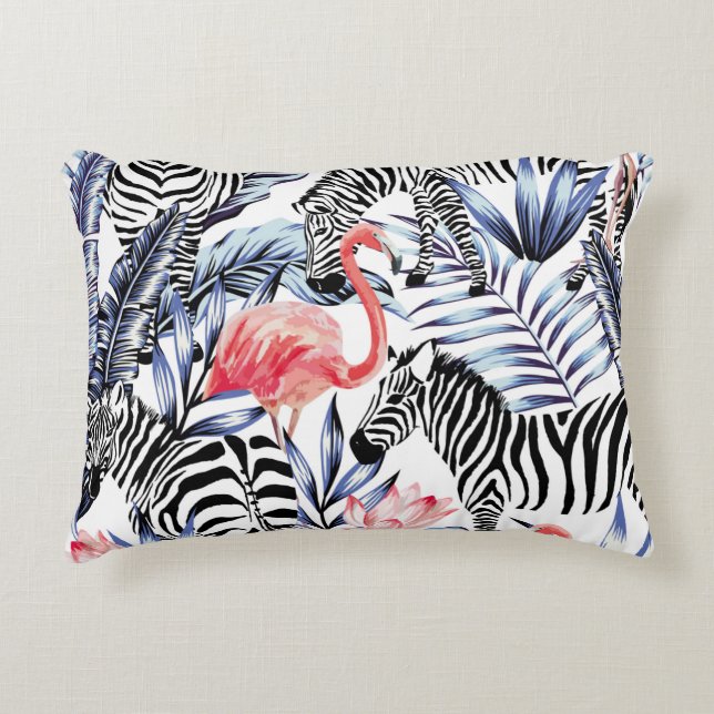Exotic pink flamingo, zebra on background summer b decorative cushion (Front)