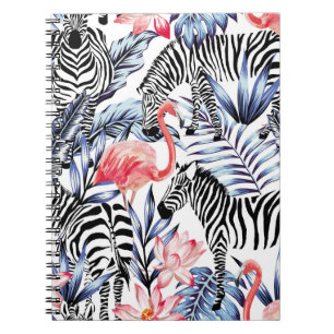 Exotic pink flamingo, zebra on background summer b notebook