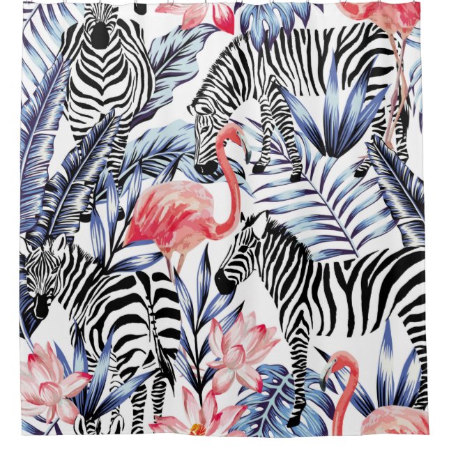 Exotic pink flamingo, zebra on background summer b shower curtain (Front)