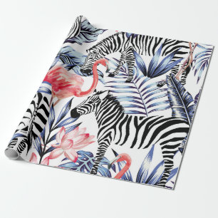 Exotic pink flamingo, zebra on background summer b wrapping paper