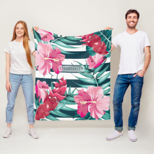 Exotic Pink Flowers Monogram striped Fleece Blanket