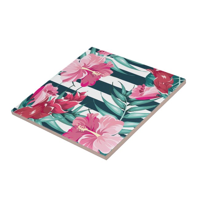 Exotic Pink Flowers striped Tile (Side)