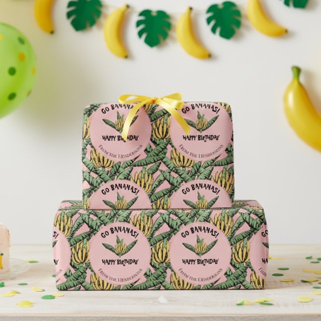 Exotic Pink Go Bananas Happy Birthday Jungle Wrapping Paper (Fun Go Bananas Birthday Party Wrapping Paper. Yellow Bananas, Banana Leaves Happy Birthday Gift Wrap)