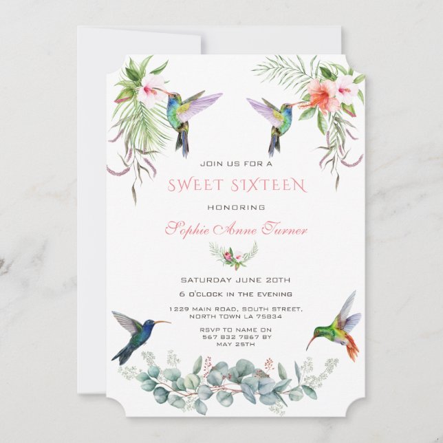Exotic Pink Hibiscus Humming birds Sweet Sixteen Invitation (Front)