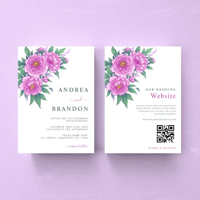 Exotic Pink Peonies Sage Green Wedding All in One Invitation (Creator Uploaded)