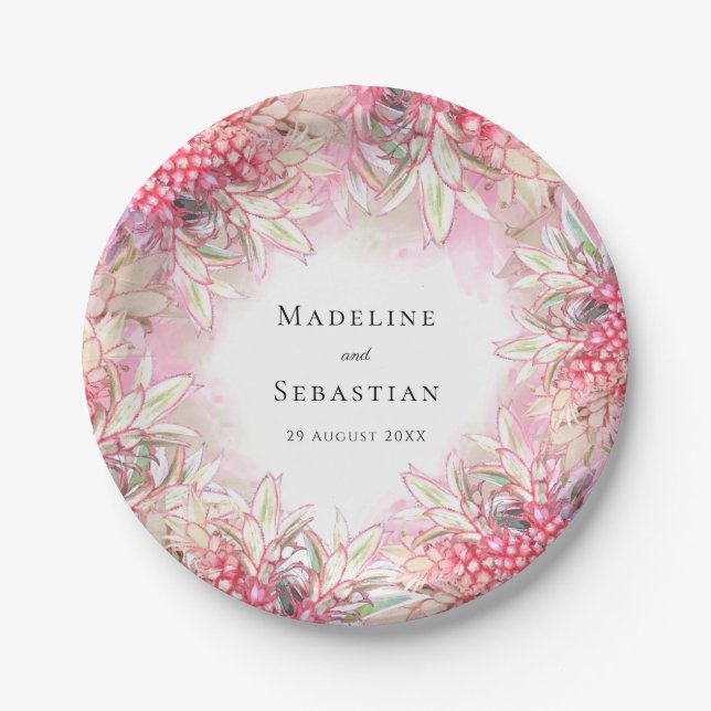 Exotic Pink Pineapples Blush Wedding Paper Plate (Front)