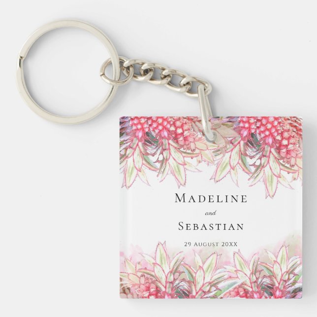 Exotic Pink Pineapples Blush Wedding Thank You Key Ring (Front)