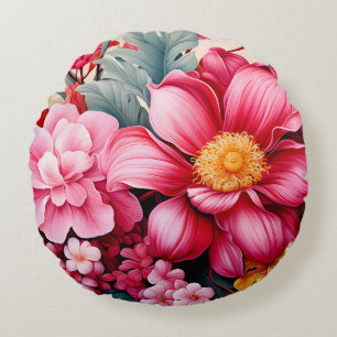 Exotic Pink Tropical Floral Garden Round Cushion