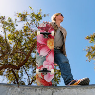 Exotic Pink Tropical Floral Garden Skateboard