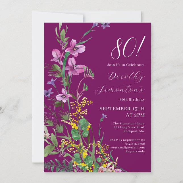 Exotic Pink Yellow Wildflowers 80th Birthday Invitation (Front)