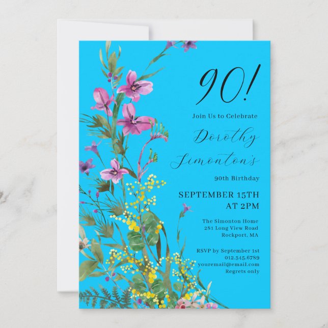 Exotic Pink Yellow Wildflowers 90th Birthday Invitation (Front)