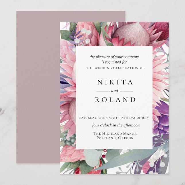 Exotic Protea Floral Wedding Invitation (Front/Back)
