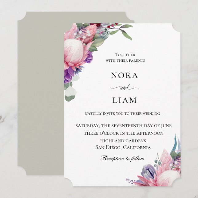 Exotic Protea Floral Wedding Invitation (Front/Back)