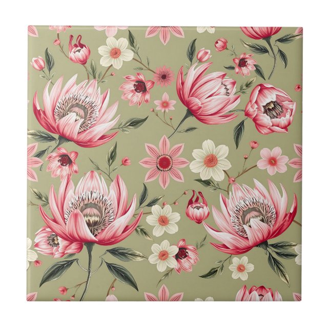 Exotic Protea Flower Botanical Sage Green Luxury  Tile (Front)