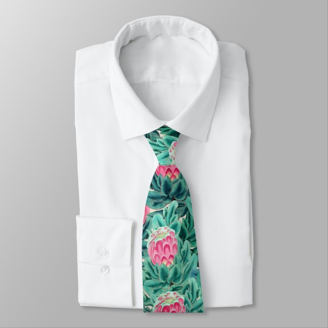 Exotic Protea Flowers Pattern Tie (Tied)