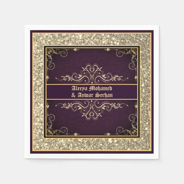 Exotic Purple Gold Ornate Glitter Personalised Napkin (Front)