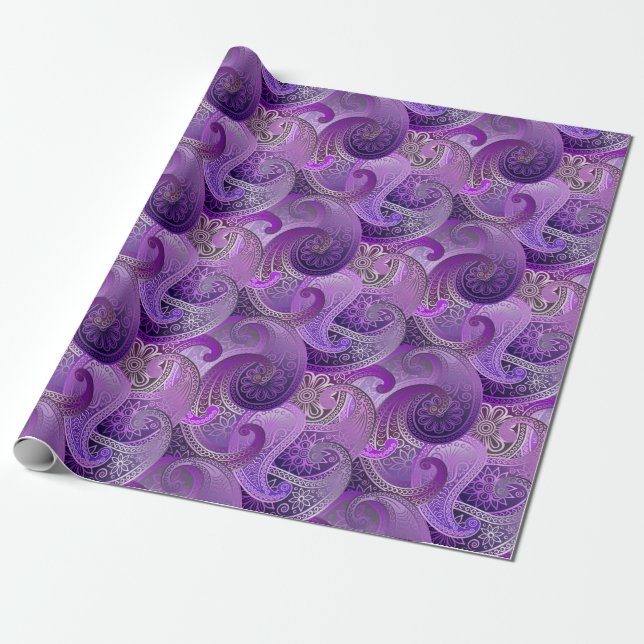 Exotic Purple Paisley Boho Damask Pattern Wrapping Paper (Unrolled)