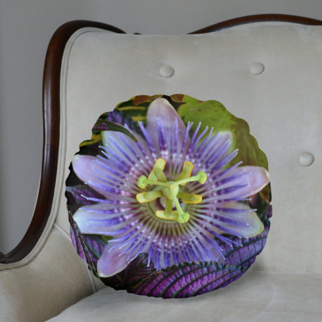Exotic Purple Passiflora Passion Flower Botanical Round Cushion (Creator Uploaded)