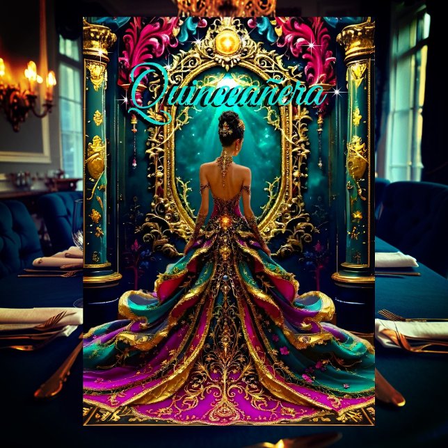 Exotic Quinceanera 15th Birthday Teal Gold Magical Invitation (Creator Uploaded)