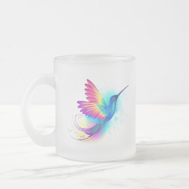 Exotic Rainbow Hummingbird Frosted Glass Coffee Mug (Left)