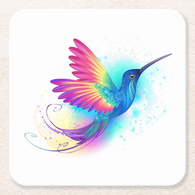 Exotic Rainbow Hummingbird Square Paper Coaster (Front)