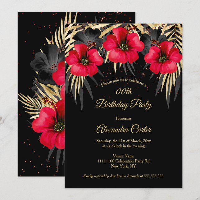 Exotic Red Black Gold Palms Floral Birthday party Invitation (Front/Back)