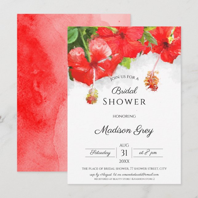 Exotic Red Hibiscus Flower Art Bridal Shower Invitation (Front/Back)