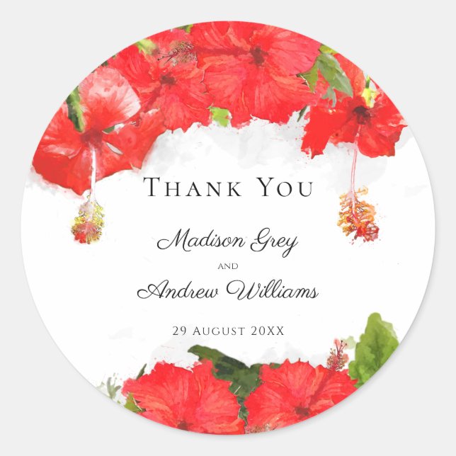 Exotic Red Hibiscus Flower Art Thank You Classic Round Sticker (Front)