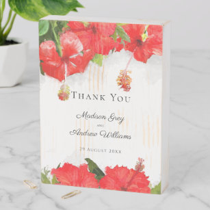 Exotic Red Hibiscus Flower Art Thank You Wooden Box Sign