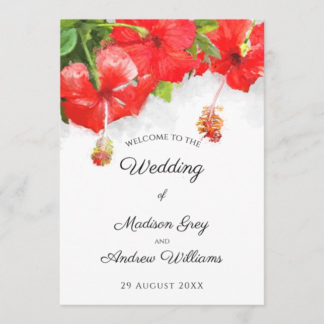Exotic Red Hibiscus Flower Art Wedding Menu (Front)