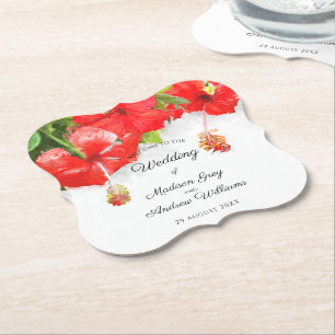 Exotic Red Hibiscus Flower Art Wedding Paper Coaster