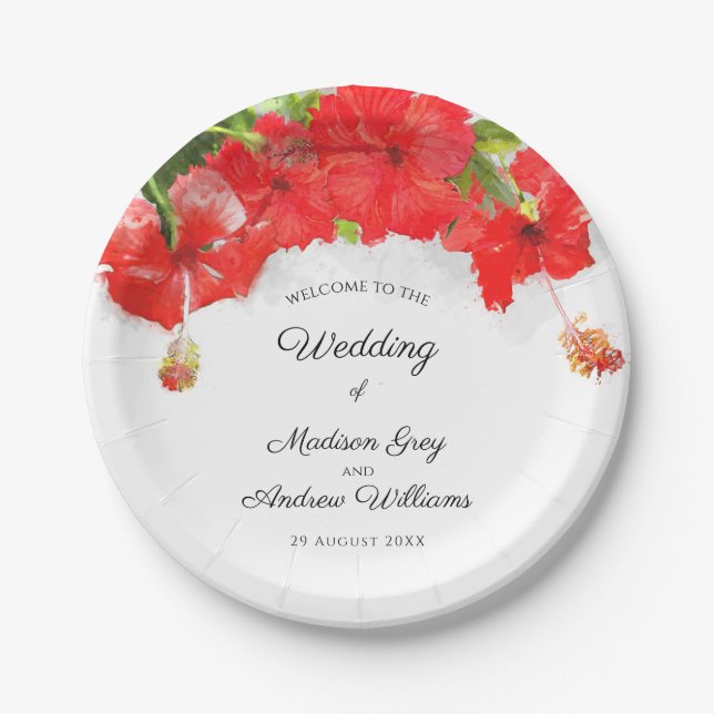 Exotic Red Hibiscus Flower Art Wedding Paper Plate (Front)