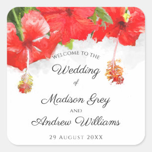 Exotic Red Hibiscus Flower Art Wedding Square Sticker
