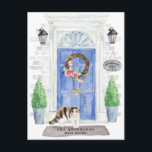 Exotic Shorthair Cat Moving Announcement Postcard<br><div class="desc">Announce your new address with our stylish announcement featuring a Exotic Shorthair cat,   blue front door,  welcome mat,  slate sign,  topiaries and a floral wreath set on a grey brick background.</div>