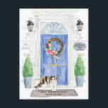Exotic Shorthair Cat Moving Announcement Postcard<br><div class="desc">Announce your new address with our stylish announcement featuring a Exotic Shorthair cat,   blue front door,  welcome mat,  slate sign,  topiaries and a floral wreath set on a grey brick background.</div>