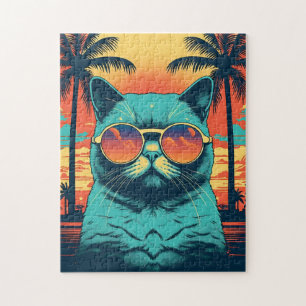 Exotic Shorthair cat with sunglasses at the beach Jigsaw Puzzle